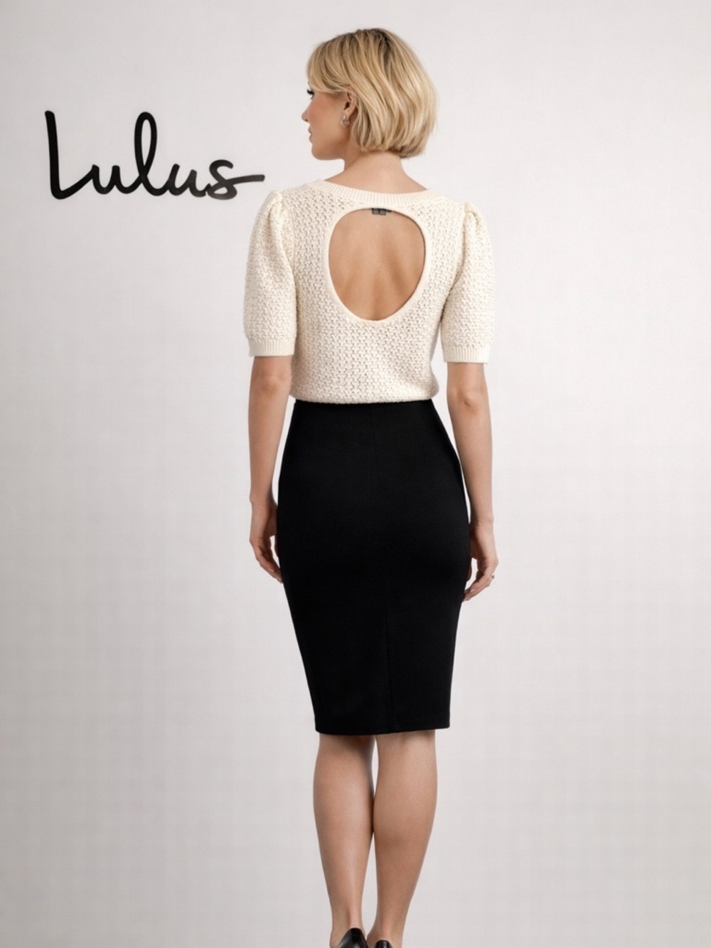 🌸Lulus Cream Knit Open-Back Top size M knitwear puff sleeve evening cottagecore